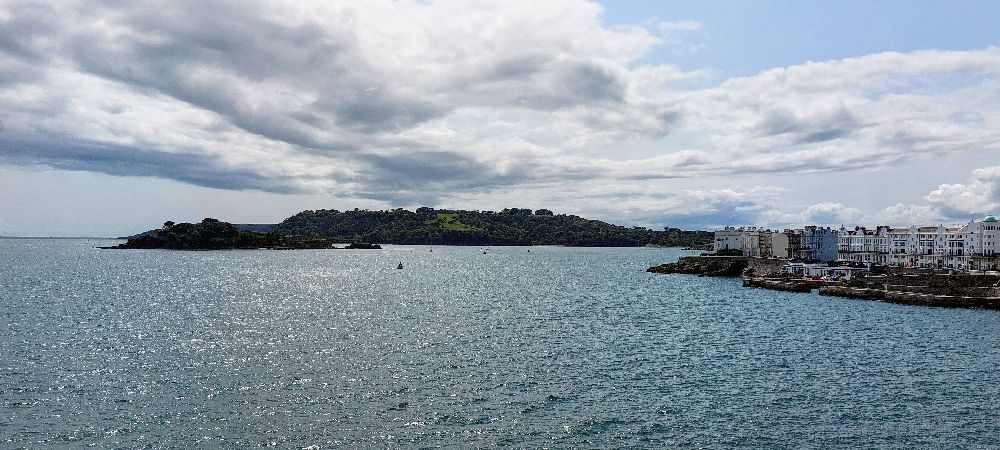 Plymouth, looking out towards Drake's Island and Mount Edgcumbe park beyond. 